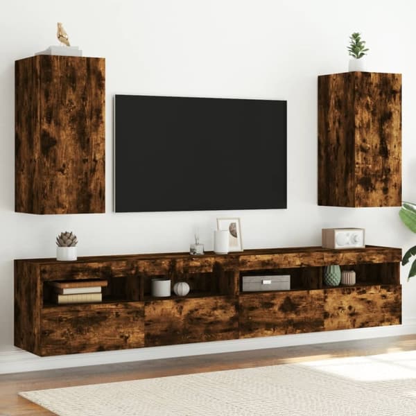 vidaXL Vegghengte TV-benker med LED-lys 2 stk røkt eik 30,5x35x70 cm