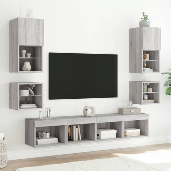 vidaXL Väggmonterade sängbord med LED-lampor 2 st grå sonoma
