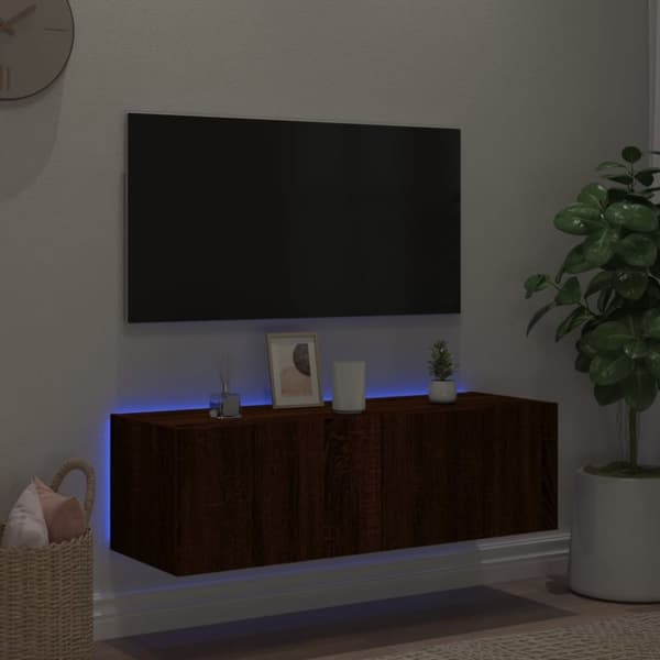 vidaXL Vegghengt TV-benk med LED brun eik 100x35x31 cm