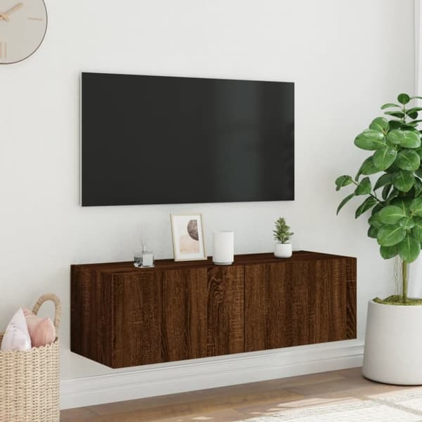 vidaXL Vegghengt TV-benk med LED brun eik 100x35x31 cm