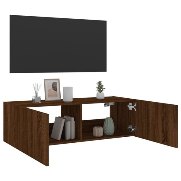 vidaXL Vegghengt TV-benk med LED brun eik 100x35x31 cm