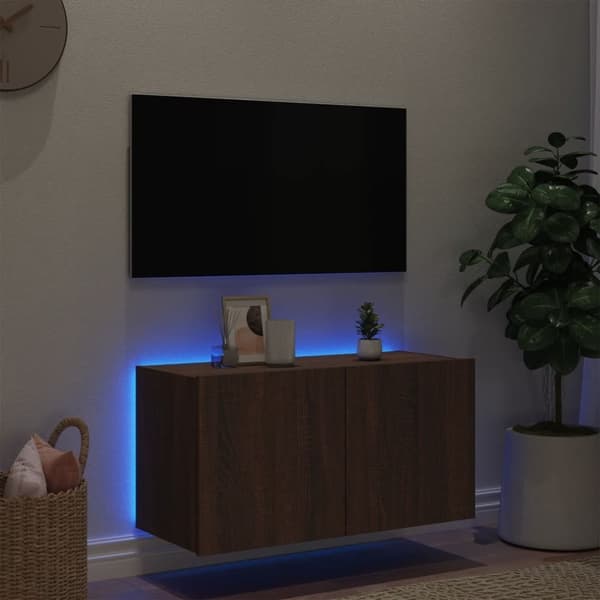 vidaXL væghængt tv-bord med LED-lys 80x35x41 cm brun egetræsfarve