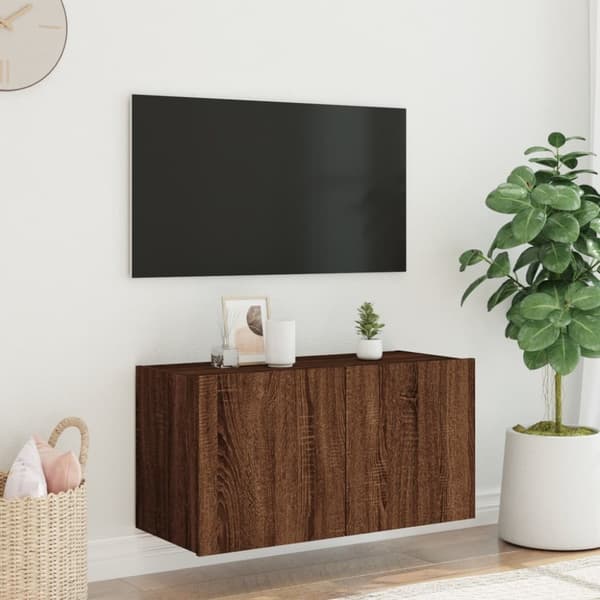 vidaXL væghængt tv-bord med LED-lys 80x35x41 cm brun egetræsfarve