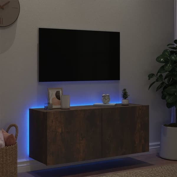 vidaXL Vegghengt TV-benk med LED røkt eik 100x35x41 cm