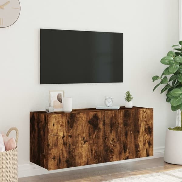 vidaXL Vegghengt TV-benk med LED røkt eik 100x35x41 cm