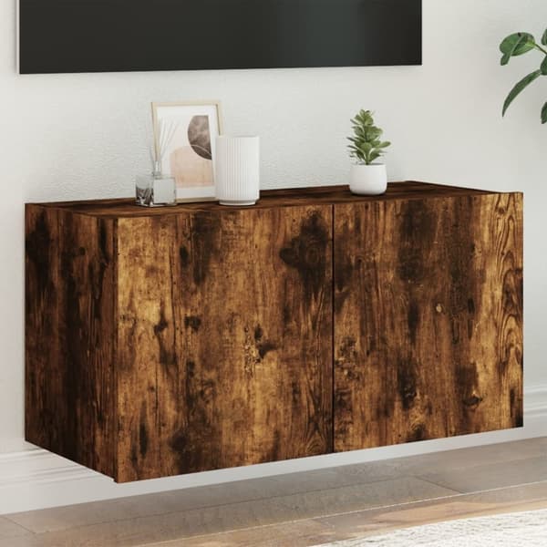 vidaXL væghængt tv-bord med LED-lys 80x35x41 cm røget egetræsfarve