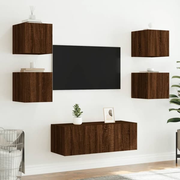 vidaXL væghængt tv-bord med LED-lys 30,5x35x30 cm brun egetræsfarve
