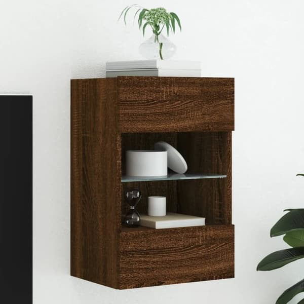 vidaXL TV-seinäkaappi LED-valoilla ruskea tammi 40x30x60,5 cm