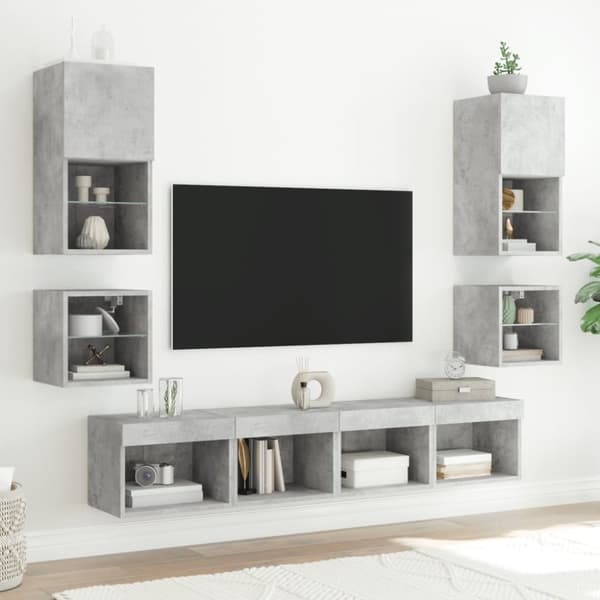 vidaXL Vegghengt TV-benk med LED-lys betonggrå 30x28,5x30 cm