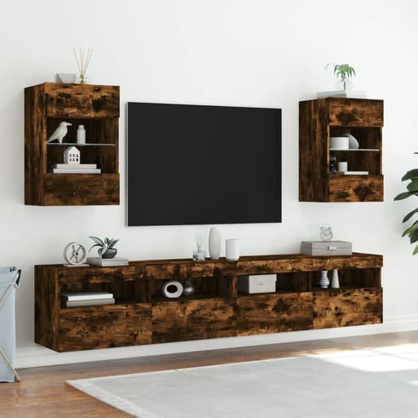 vidaXL Vegghengt TV-benk med LED-lys røkt eik 40x30x60,5 cm