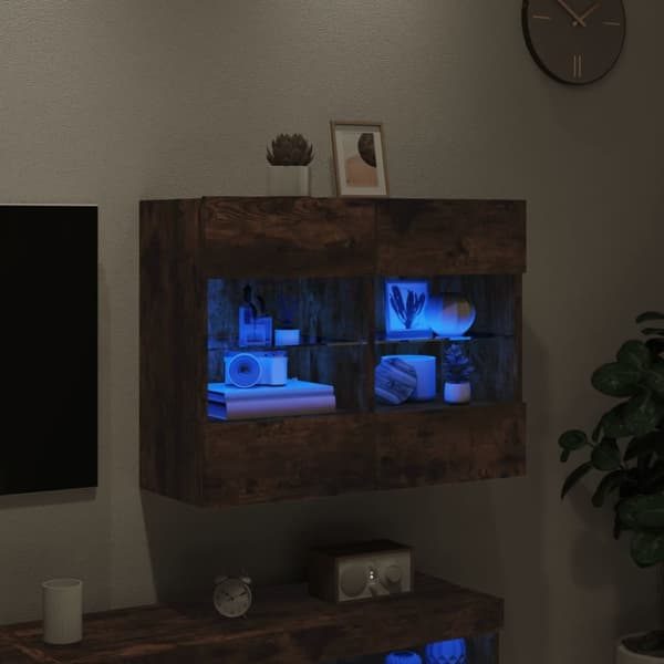 vidaXL Väggmonterad tv-bänk LED rökfärgad ek 78,5x30x60,5 cm