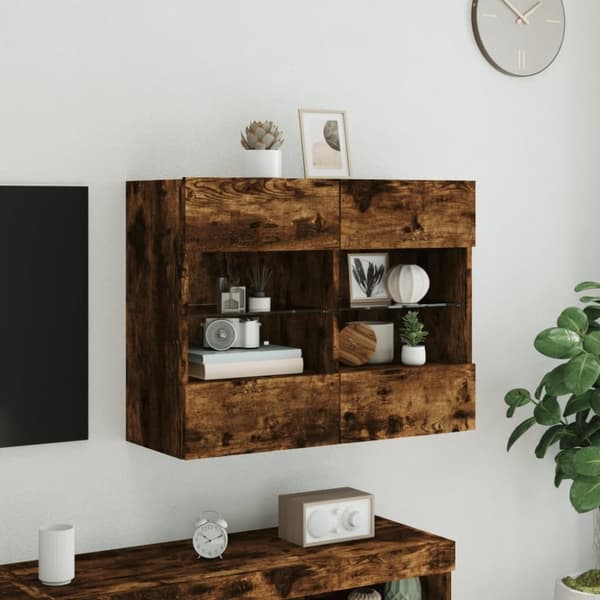 vidaXL Väggmonterad tv-bänk LED rökfärgad ek 78,5x30x60,5 cm