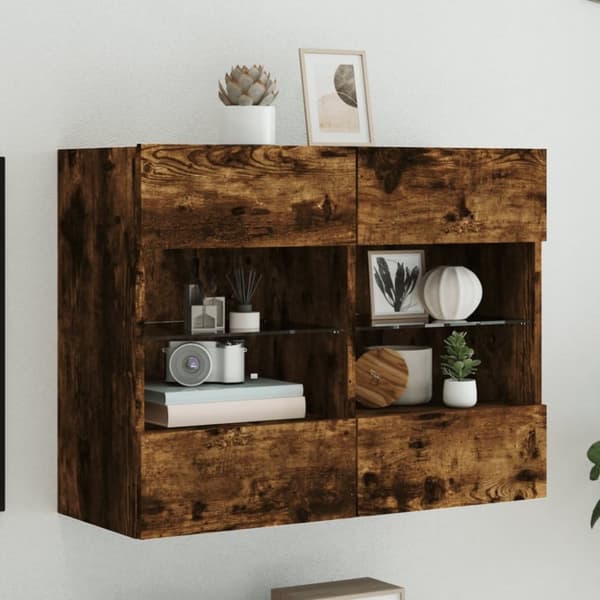vidaXL Vegghengt TV-benk med LED-lys røkt eik 78,5x30x60,5 cm