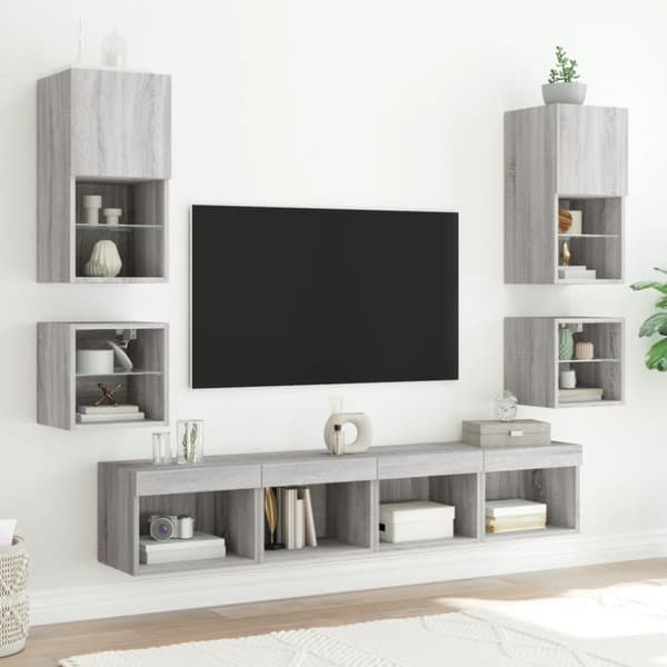 vidaXL Vegghengte TV-benker med LED 2 stk grå sonoma 30x28,5x30 cm
