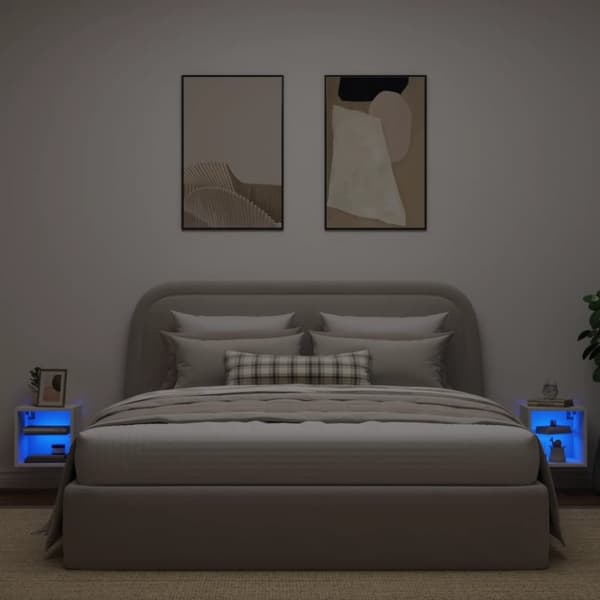 vidaXL Vegghengt TV-benk med LED 2 stk hvit 30x28,5x30 cm