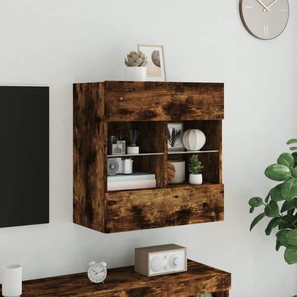 vidaXL Väggmonterad tv-bänk LED rökfärgad ek 58,5x30x60,5 cm