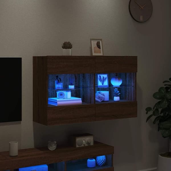 vidaXL Vegghengt TV-benk med LED-lys brun eik 98,5x30x60,5 cm