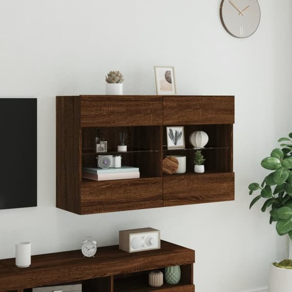 vidaXL Vegghengt TV-benk med LED-lys brun eik 98,5x30x60,5 cm