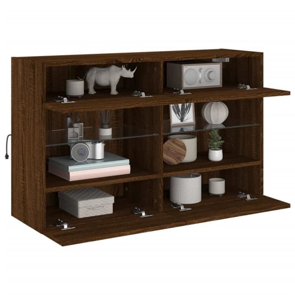 vidaXL Vegghengt TV-benk med LED-lys brun eik 98,5x30x60,5 cm