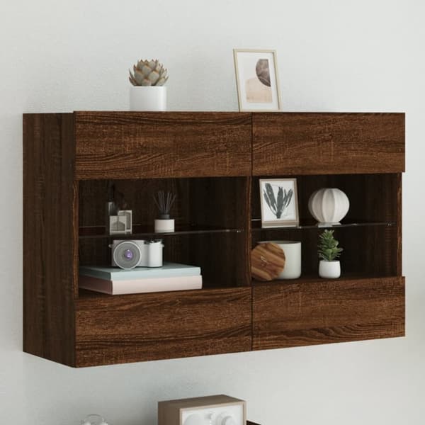 vidaXL Vegghengt TV-benk med LED-lys brun eik 98,5x30x60,5 cm