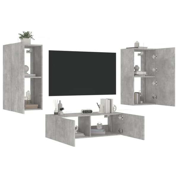 vidaXL Väggmonterade TV-skåp 3 delar LEDs betonggrå