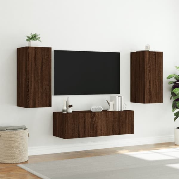 vidaXL Väggmonterade tv-skåp 3 delar med LEDs brun ek