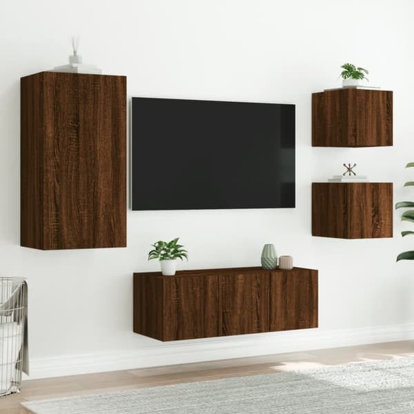 vidaXL Vegghengte TV-enheter med LED 5 deler brun eik konstruert tre