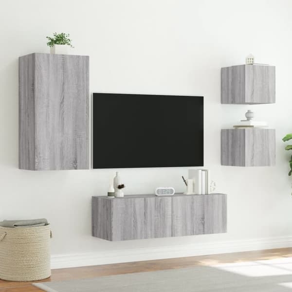 vidaXL Väggmonterade tv-skåp 4 delar med LEDs grå sonoma