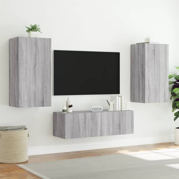 vidaXL Väggmonterade tv-skåp 3 delar med LEDs grå sonoma