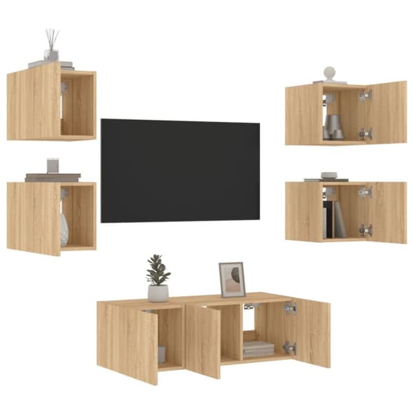 vidaXL Vegghengte TV-enheter med LED 6 deler sonoma eik konstruert tre