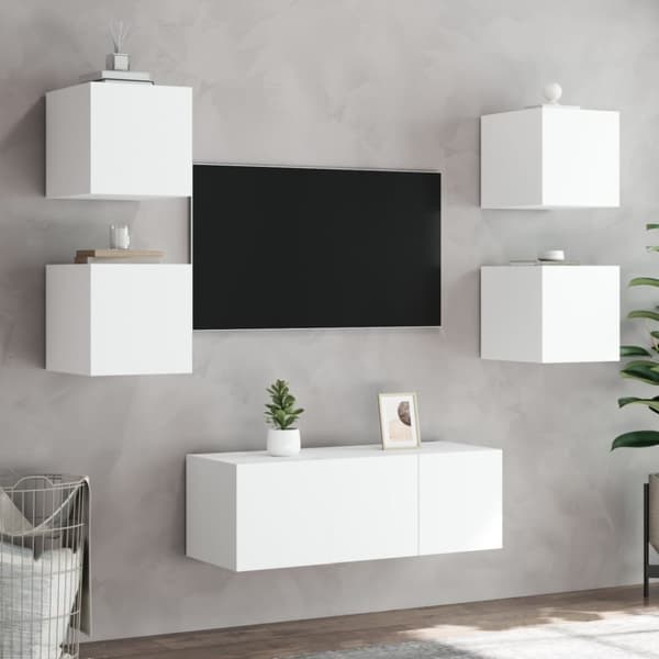 vidaXL Vegghengte TV-enheter med LED 6 deler hvit konstruert tre