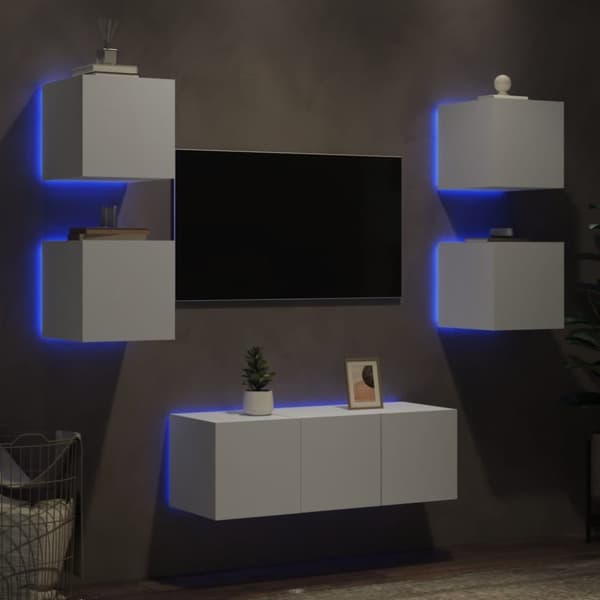 vidaXL tv-møbel til væg 6 dele med LED-lys konstrueret træ hvid