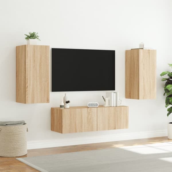 vidaXL væghængt tv-møbel 3 dele med LED-lys sonoma-eg