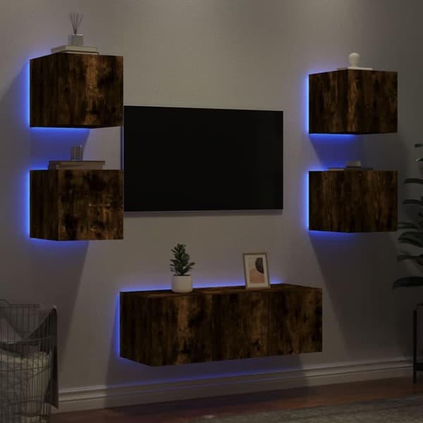 vidaXL tv-møbel til væg 6 dele med LED-lys konstrueret træ røget eg