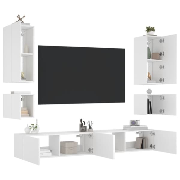 vidaXL 6-osainen TV-seinäkaappisarja LED-valoilla valkoinen