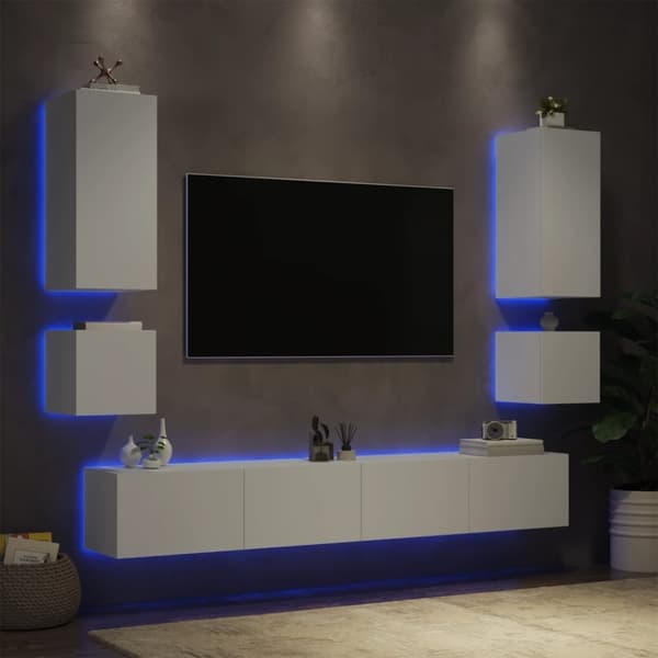 vidaXL 6-osainen TV-seinäkaappisarja LED-valoilla valkoinen