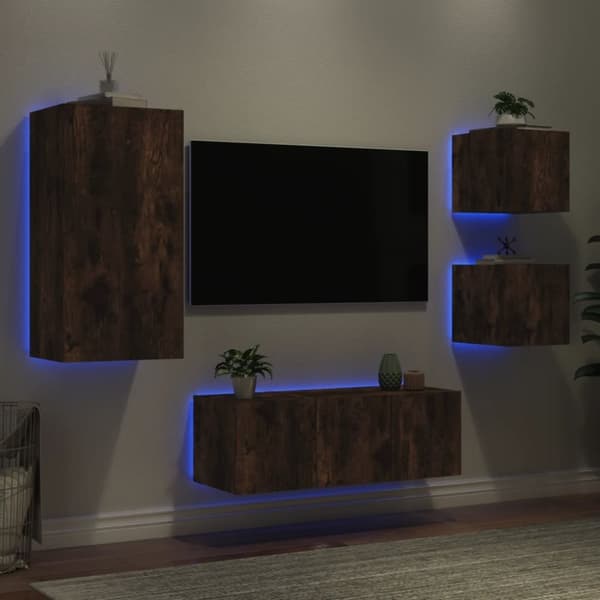 vidaXL tv-møbel til væg 5 dele med LED-lys konstrueret træ røget eg