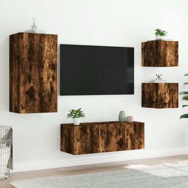 vidaXL Tv-bänk 5 delar LED rökfärgad ek konstruerat trä