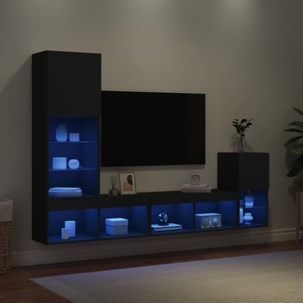 vidaXL Vegghengte TV-enheter med LED 4 deler svart konstruert tre
