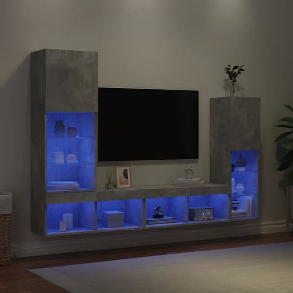vidaXL tv-møbel til væg 4 dele med LED-lys konstrueret træ betongrå