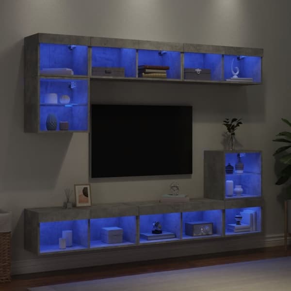 vidaXL Vegghengte TV-enheter med LED 8 deler betonggrå konstruert tre