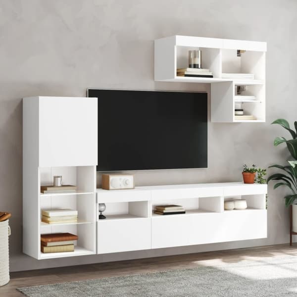 vidaXL Vegghengte TV-enheter med LED 6 deler hvit konstruert tre