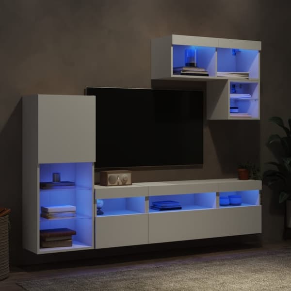 vidaXL Vegghengte TV-enheter med LED 6 deler hvit konstruert tre