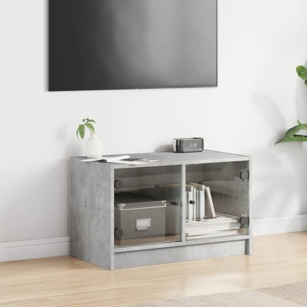 vidaXL Tv-bänk med glasdörrar betonggrå 68x37x42 cm