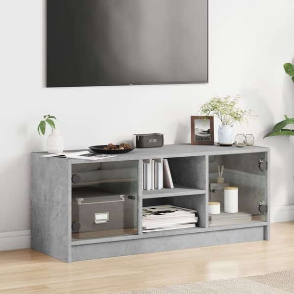 vidaXL Tv-bänk med glasdörrar betonggrå 102x37x42 cm