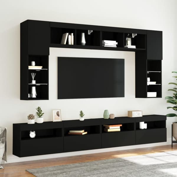 vidaXL Väggmonterade tv-skåp 8 delar med LEDs svart