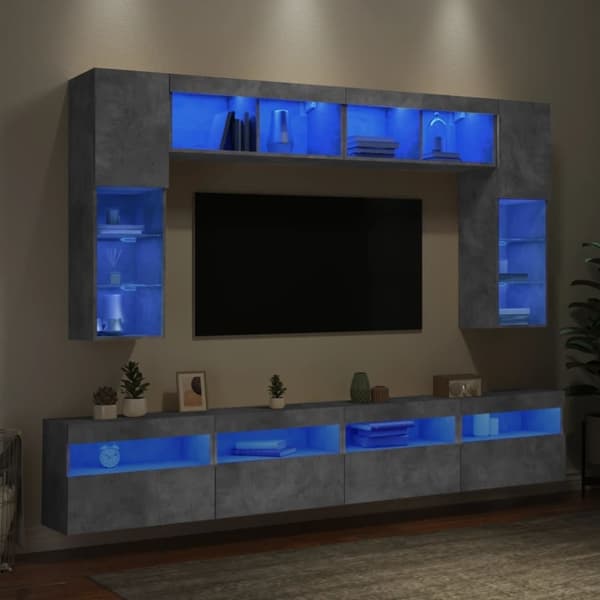 vidaXL Väggmonterade tv-skåp 8 delar med LEDs betonggrå