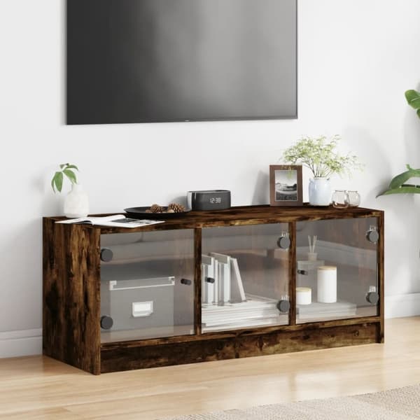 vidaXL Tv-bänk med glasdörrar rökfärgad ek 102x37x42 cm
