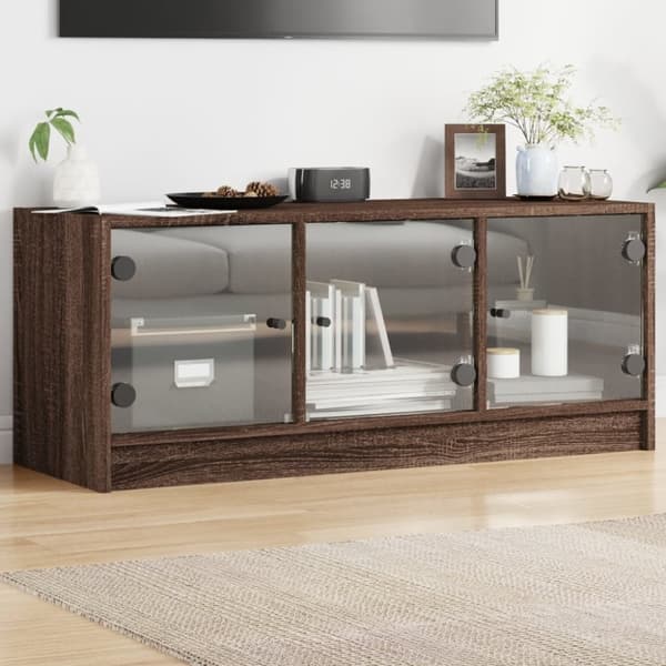 vidaXL TV-taso lasiovilla ruskea tammi 102x37x42 cm