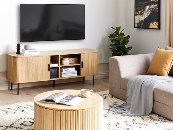 TV-stativ i lyst tre med svarte ben i MDF Metall TV opp til 70ʺ Retro skyveskap Kabelhåndtering Stue